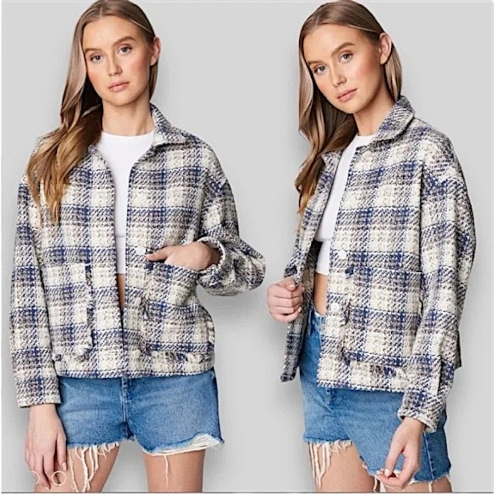 NWT BlankNYC Cropped Tweed Jacket In Blue Cream Plaid Size Large - Picture 2 of 16
